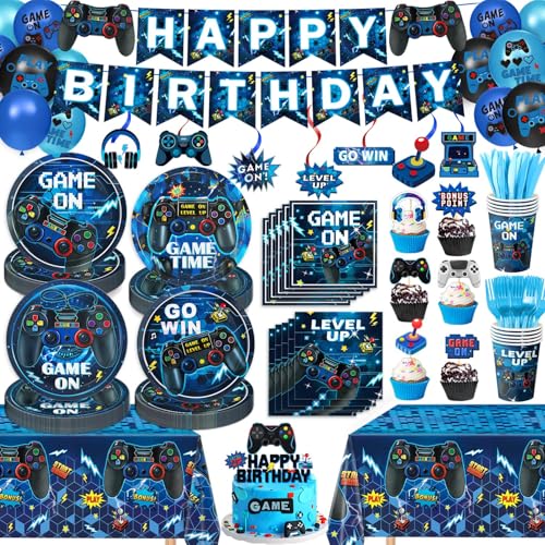 Video Game Birthday Decorations Includes Plates Napkins Cups Cutlery Cake & Cupcake Toppers Banner Hanging Swirls Tablecloths Balloons for Boys Gamer Birthday Party Decorations Serves 24