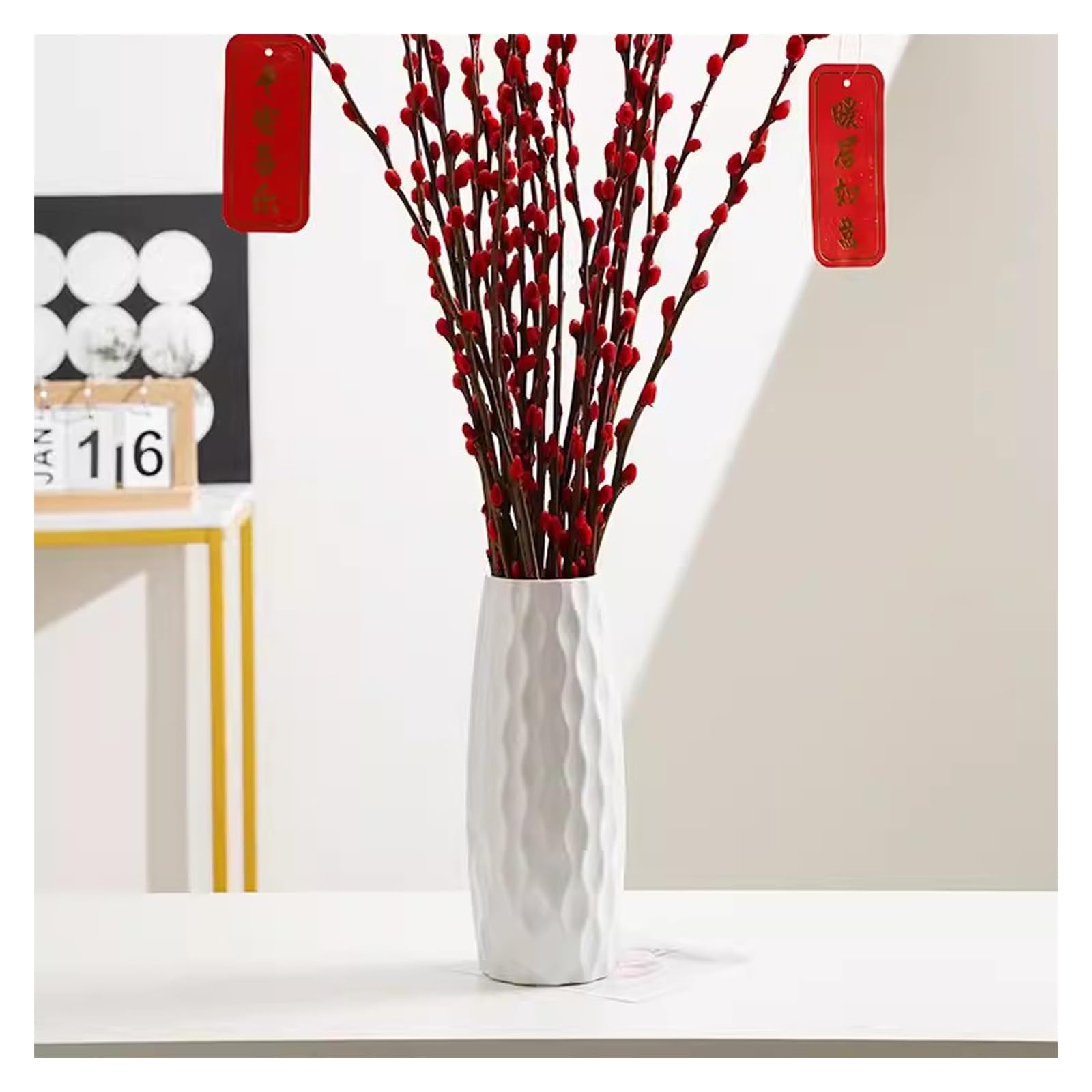 Jarrone Florero de plástico de cerámica de imitación, florero de Mesa, decoración y Adornos for Sala de Estar Maceta(Blanco)
