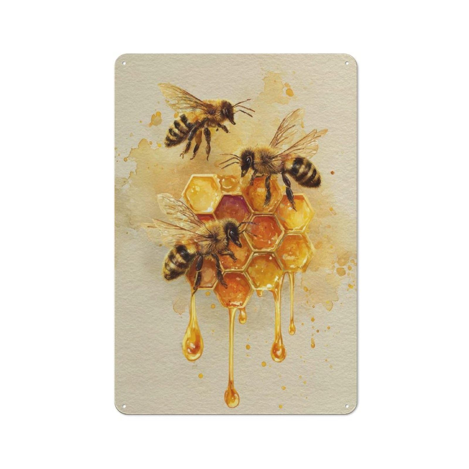 Bees And Honeycomb Watercolor Painting Metal Wall Sign 30x20cm, Clean Industrial Loft Wall Plaque for Workspace, Cafe, Hallway Or Garage