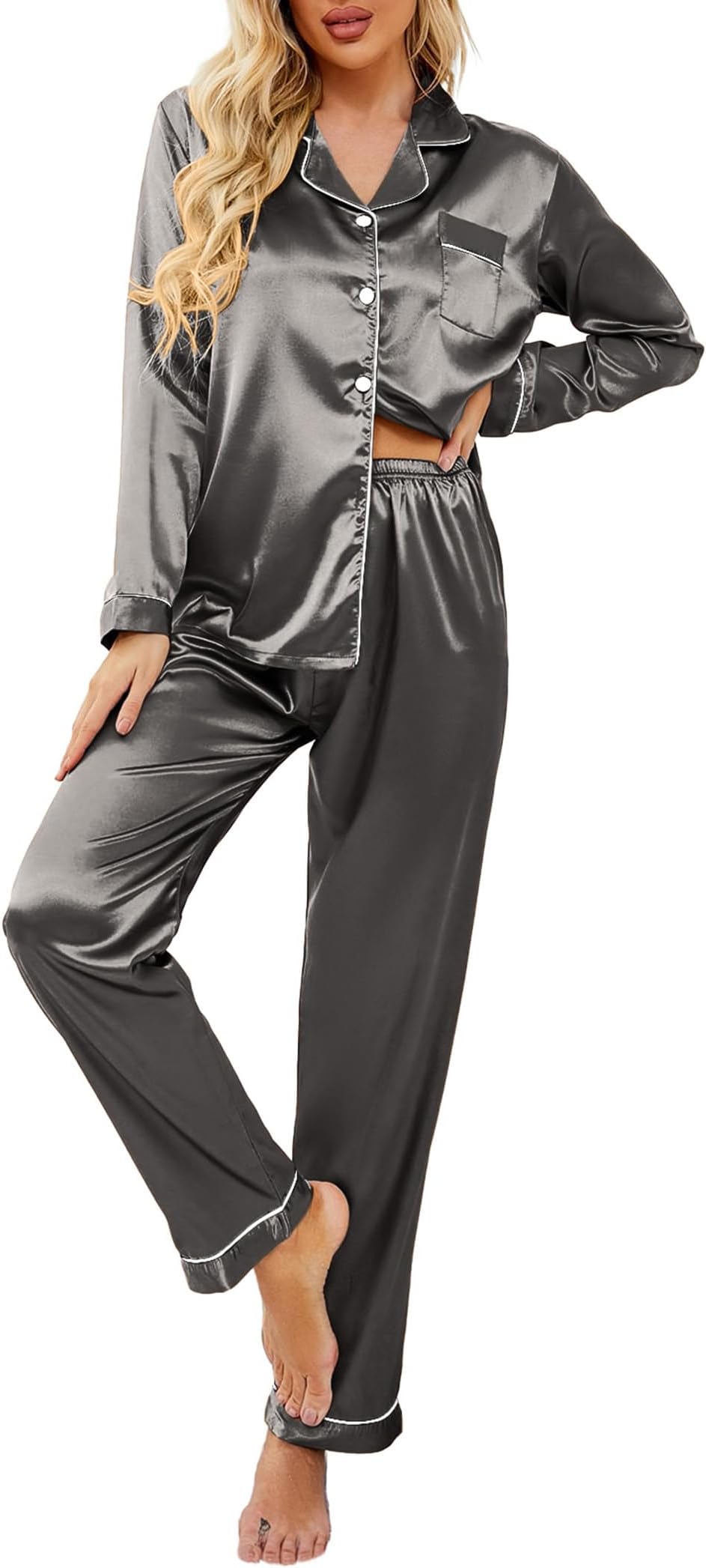 Ekouaer Women's Classic Button Down Long Satin Silk Pajama Set
