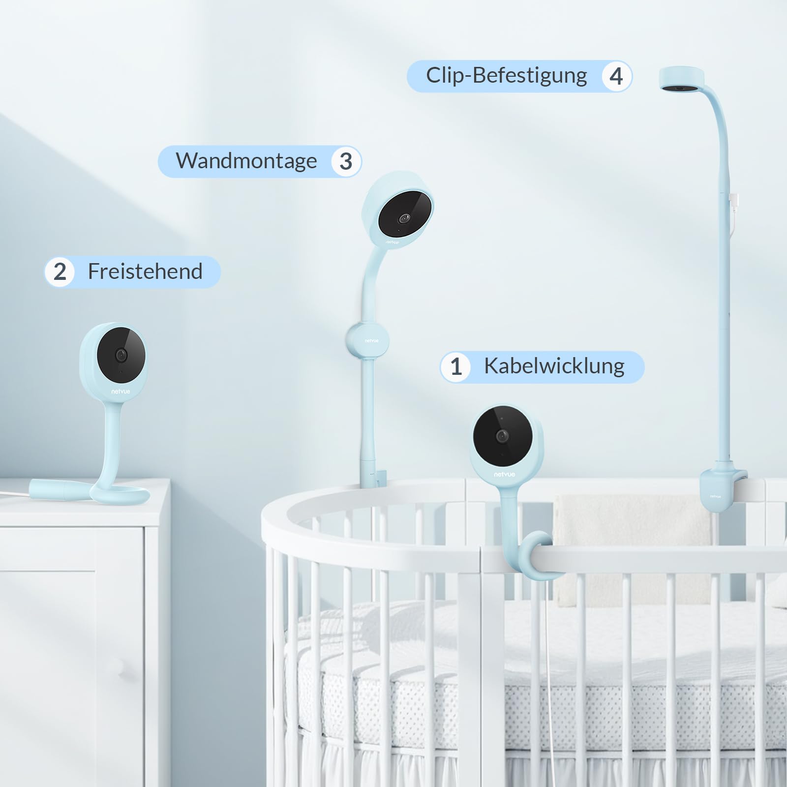NETVUE Blau Babyphone mit Kamera und 4 in 1 Halter, 5000mAh Kabellos 5" Baby Monitor, 1080P Babyphone mit App, Nachtsicht, Zwei Wege Audio, VOX, Weinerkennung & Temperaturanzeige