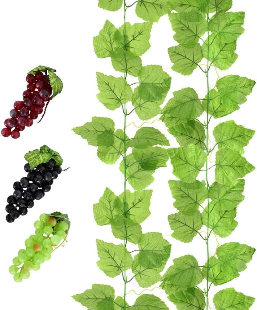 Fake Grapes 3 Bunches of Simulation Grape Fruit Artificial Grape Vines Lifelike Leaves for Wedding Home Indoor Outdoors Party Garden Wall Decoration