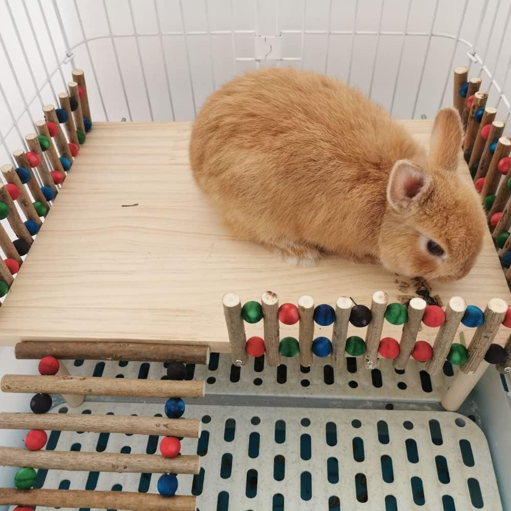 Rabbit Platform with Climbing Ladder, Bunny Perch Cage Toy Wooden Play Gym Stand, Natural Pine Wood Tray for Chinchilla Squirrel Hamster Guinea Pig, Birdcage Toy for Parrot Conure (Medium)