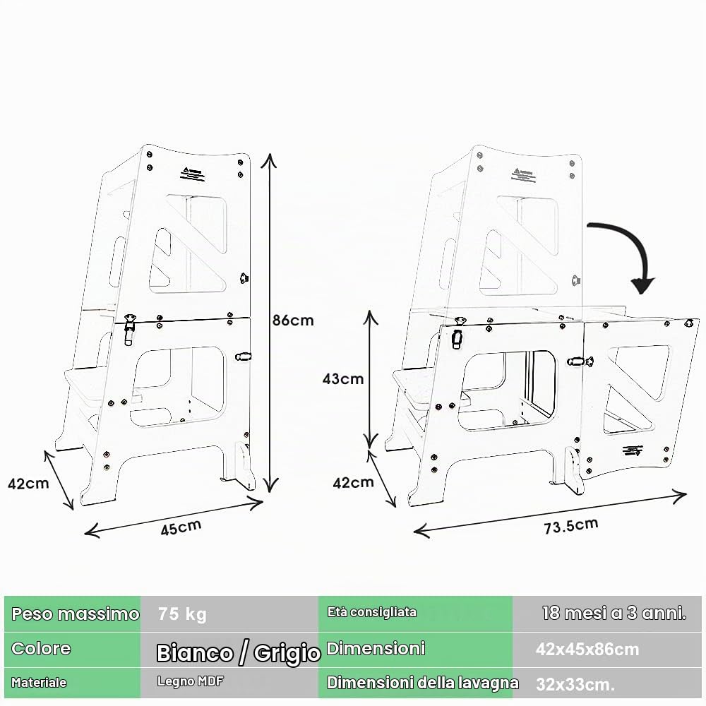 YOLEO Torre di apprendimento Transformer, Torre Montessori per bambini e neonati, pieghevole Learning Tower con lavagna bianca e nera magnetica, bianco - legno (White)