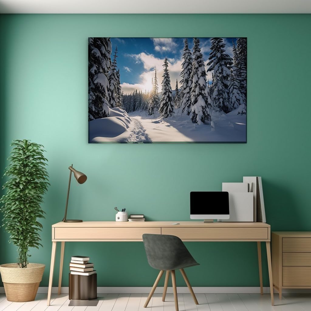 Canvas for Living room. Winter Wonderland: Serenity Among Snow-Kissed Evergreens, 27 x 18 inch Canvas Wall Art - Expansive Panoramas - Modern Home Decor