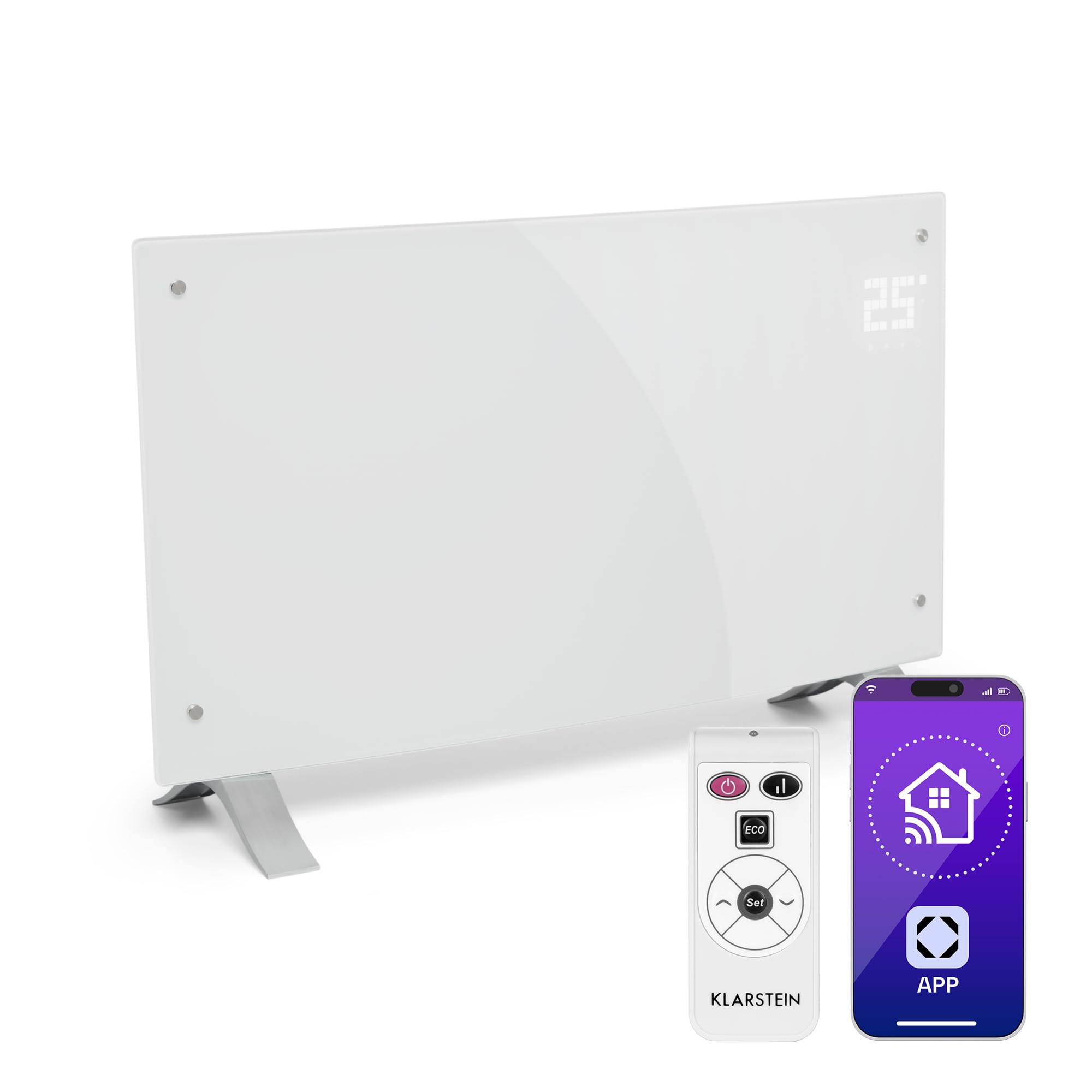 KLARSTEIN Bornholm Curved Smart - radiateur convecteur, écran tactile LED, minuterie, contrôle par appli, 1000 et 2000 W, thermostat 5-45 ° C, affichage de la température, mode éco - blanc
