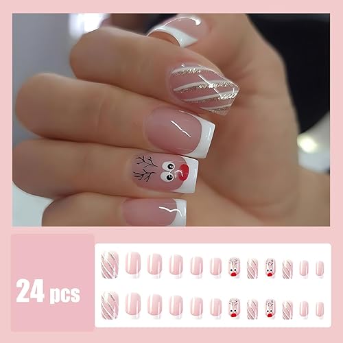 Miniatura 5 de Uñas postizas a presión de Navidad, uñas cortas cuadradas blancas francesas uñas postizas de invierno Navidad con diseño de alce de Navidad, uñas