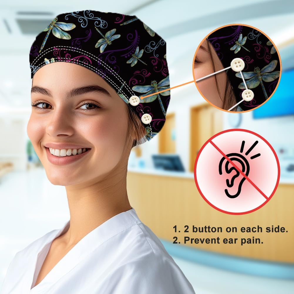 Bouffant Scrub Caps Cotton Nurse Scrub Hats with Button Sweatband Adjustable Surgical Caps for Unisex Cooking - Image 4
