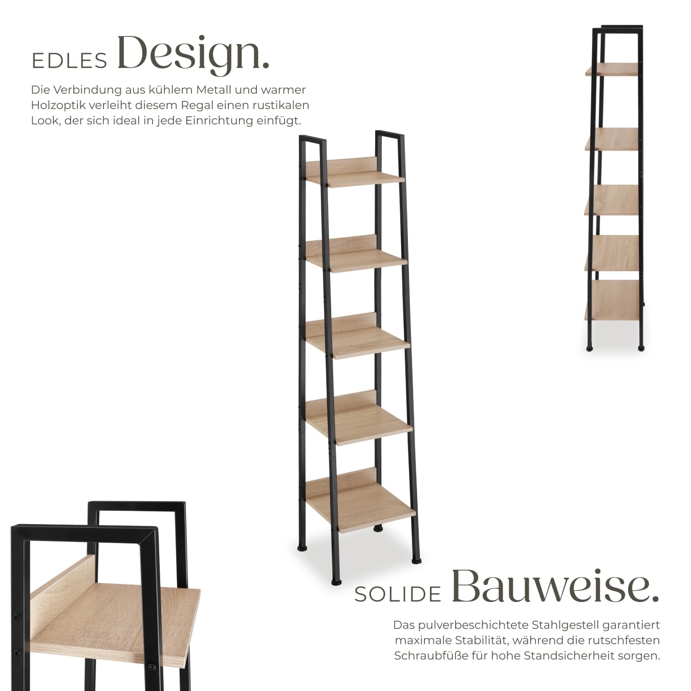 tectake® Leiterregal mit 4/5 Ebenen, schmales Regal, Standregal, Nischenregal, Möbel für Arbeitszimmer, Badezimmer Regal, Bücherregal Wand, 35,5 x 31,5 x 170,5 cm - Industrial Holz hell, Eiche Sonoma