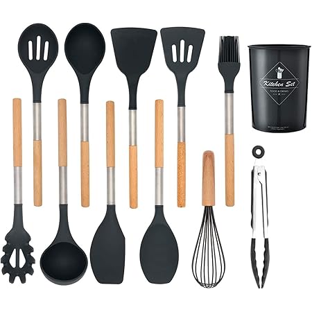 Amazon Co Jp キッチンツール ブラック ステンレス鋼 黒 シリコン おしゃれ 調理ツール キッチン用品 調理用品 キッチン用具 11点セット 耐熱 コンパクト 安全 収納付き フライ返し 泡だて器 おたま トング新生活 新築 ブラック ホーム キッチン