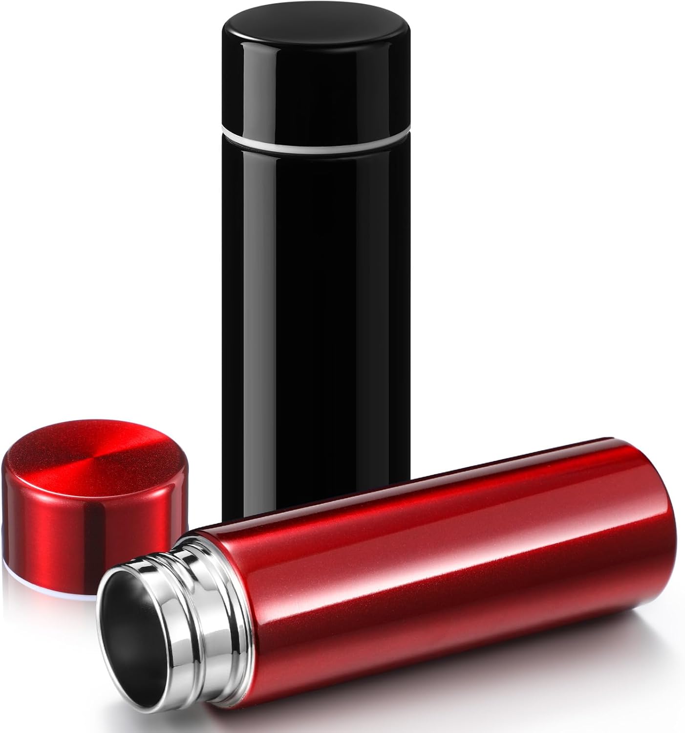 Vesici Mini Water Bottles 4.4 oz Cute Small Insulated Stainless Steel Purse Water Bottles Pocket Slim Flask Keeps Drink Cold and Hot for Women Lunch Bag Coffee(Black, Red,2 Pack)