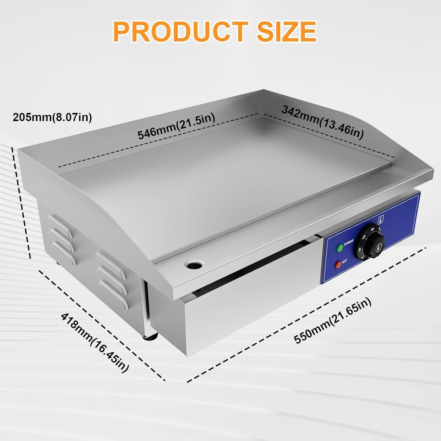 Commercial Electric Griddle, 22" Electric Flat Top Grill with Temperature Adjustable 122℉-572℉, Stainless Steel Large Grill, Countertop Griddle for Commercial Kitchen, Restaurant, 1500W