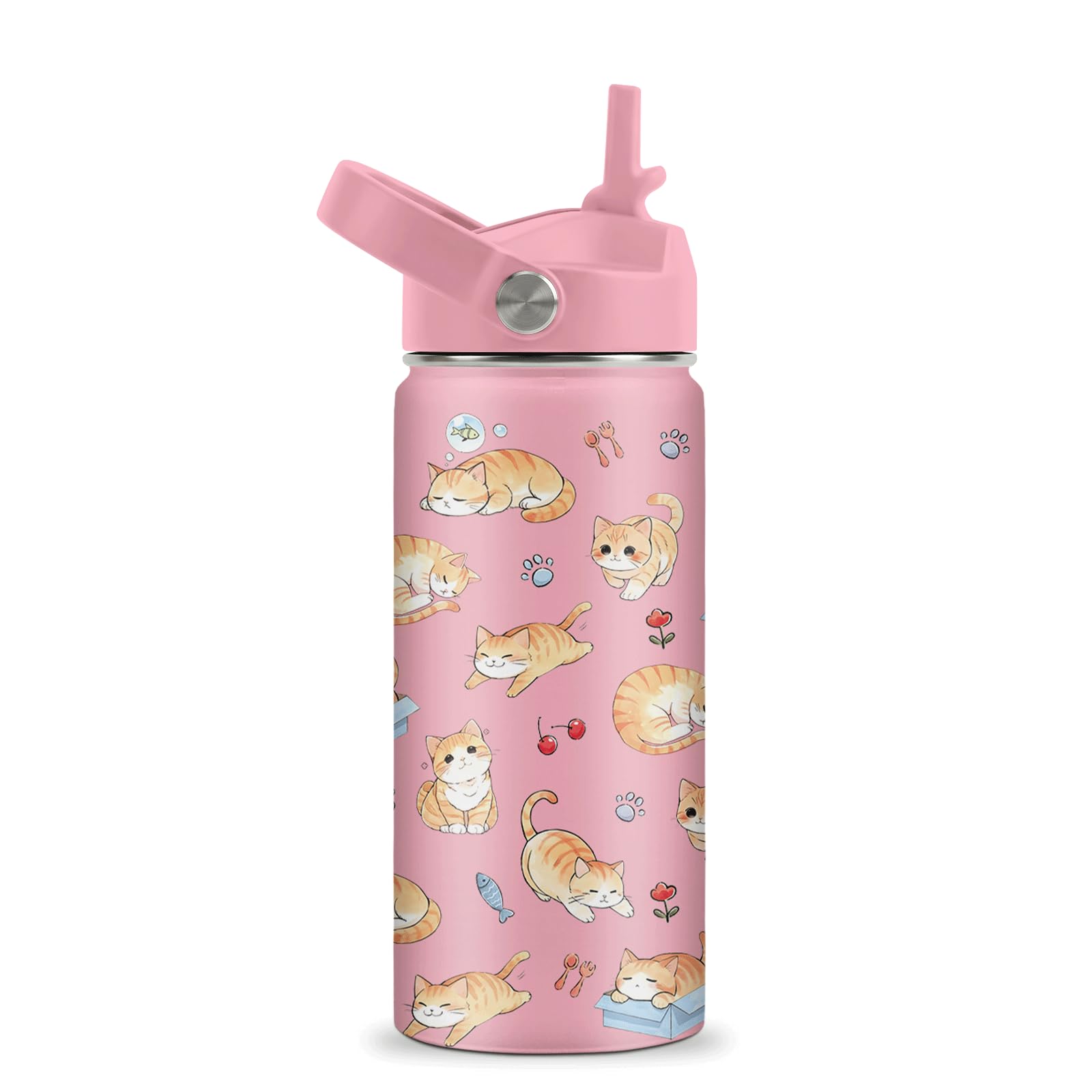 Cat Water Bottle for Girls - 16oz Cat Stainless Steel Water Bottle with Straw - Cute Cats Insulated
