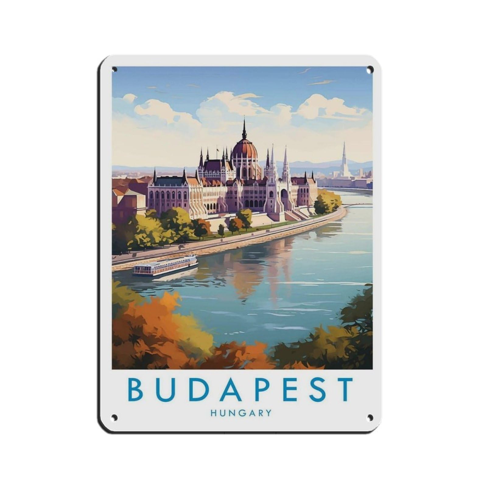 Budapest Travel Poster, Hungary（34） Retro Poster Metal Tin Sign Chic Art Retro Iron Painting Bar People Cave Cafe Family Garage Poster Wall Decoration 12x16inch(30x40cm)