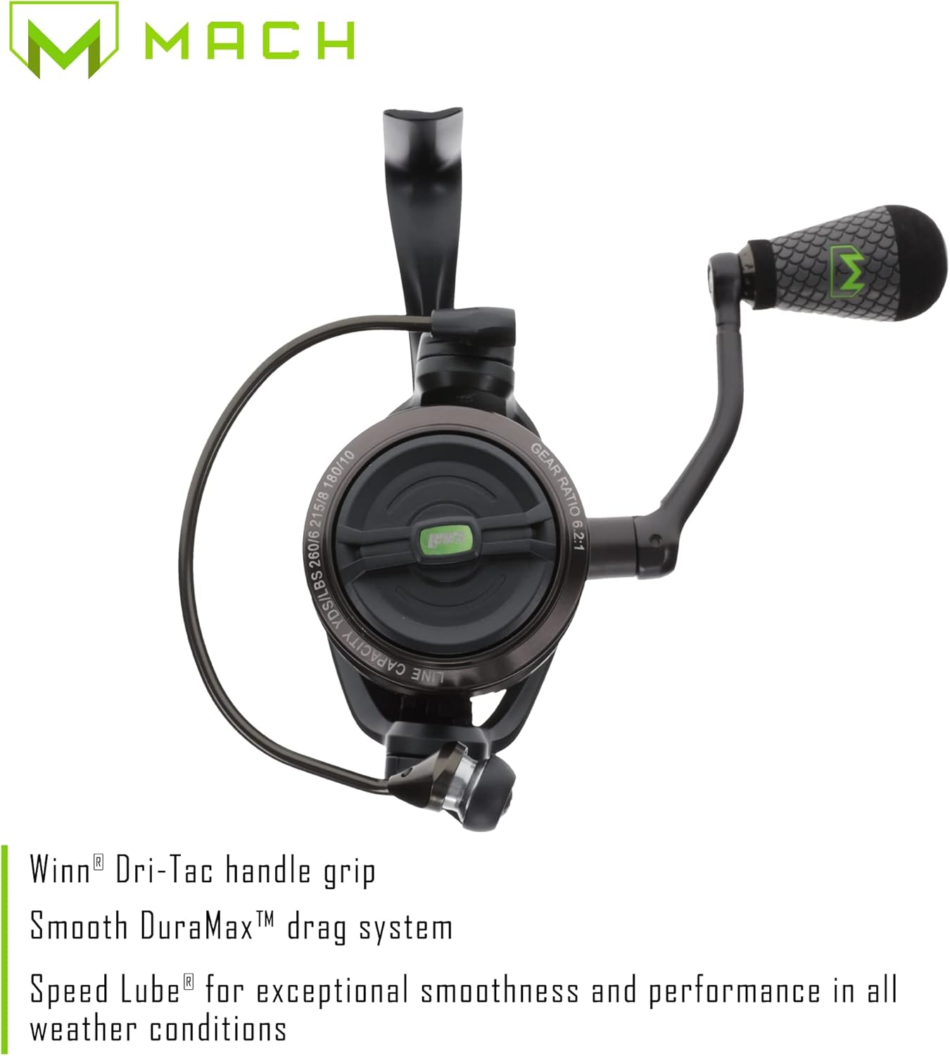 Lew's Mach 2 Spinning Fishing Reel, 9+1 Stainless Steel Ball Bearings, 6.2:1 Gear Ratio, Right or Left-Hand Retrieve, Black/Green