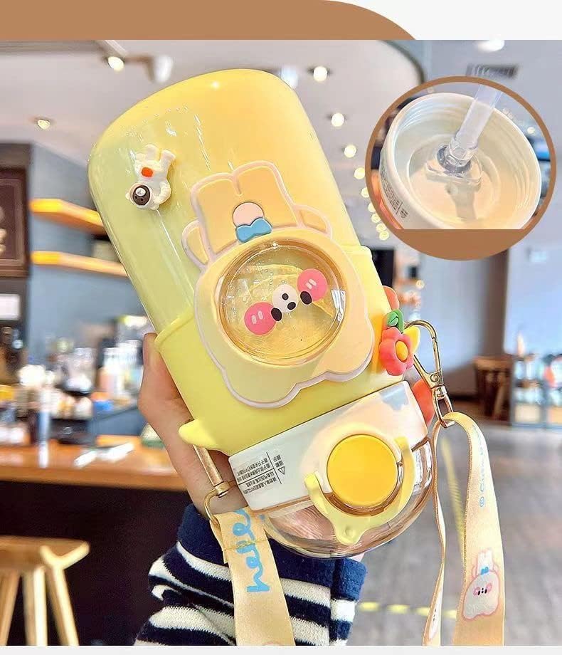 Miniatura 7 de Kawaii Bear - Botella de agua con popote y correa para el hombro, a prueba de fugas, de acero inoxidable al vacío, sin BPA, lindas botellas de agua
