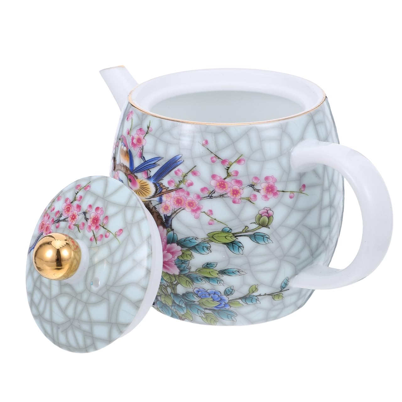 VICASKY Ceramic Teapot Flower and Bird Tea Pot Hand Painted Tea Kettle with Lid Heat Resistant Serving Teaware for Home and Office Table Display Friends Gatherings