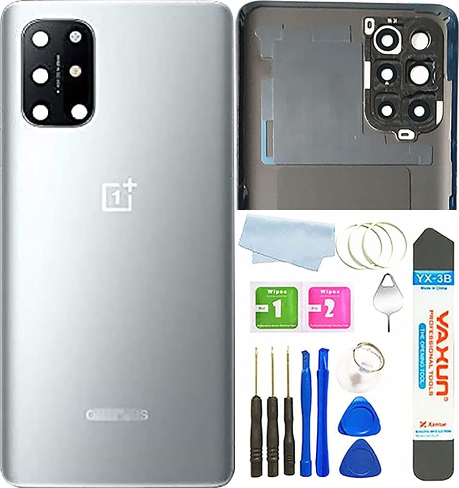 for Oneplus 8T Back Glass Cover Replacement with Camera Glass LensFlash for OnePlus 8T 5G KB2000 KB2005 (Silver)