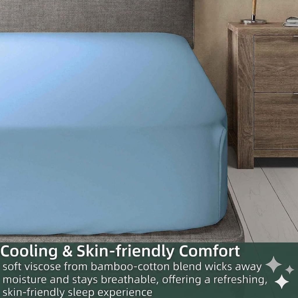 Viscose from Bamboo-Cotton Blended Fitted Sheet Only (Twin XL, Solid Blue) Silky Soft 16-Inch Deep Pocket Bottom Sheet