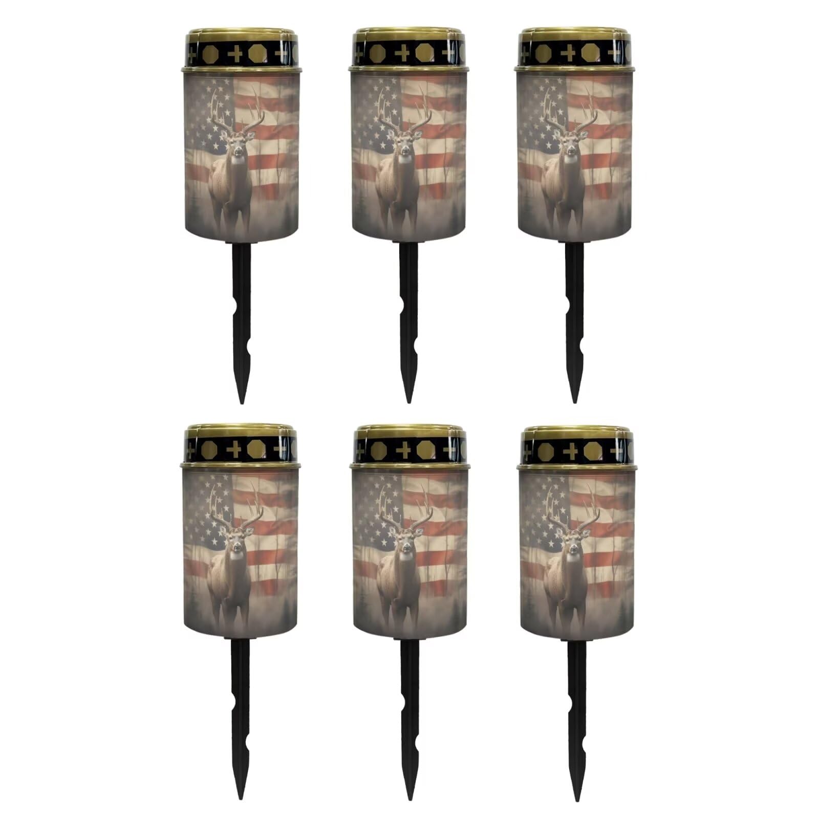 Poceacles Solar Lights Cemetery Solar Lights for Grave Solar Candle Solar Lantern Light Walkway Lights Waterproof Landscape Lighting for Loss of Loved One, Deer American Flag, Pack of 6