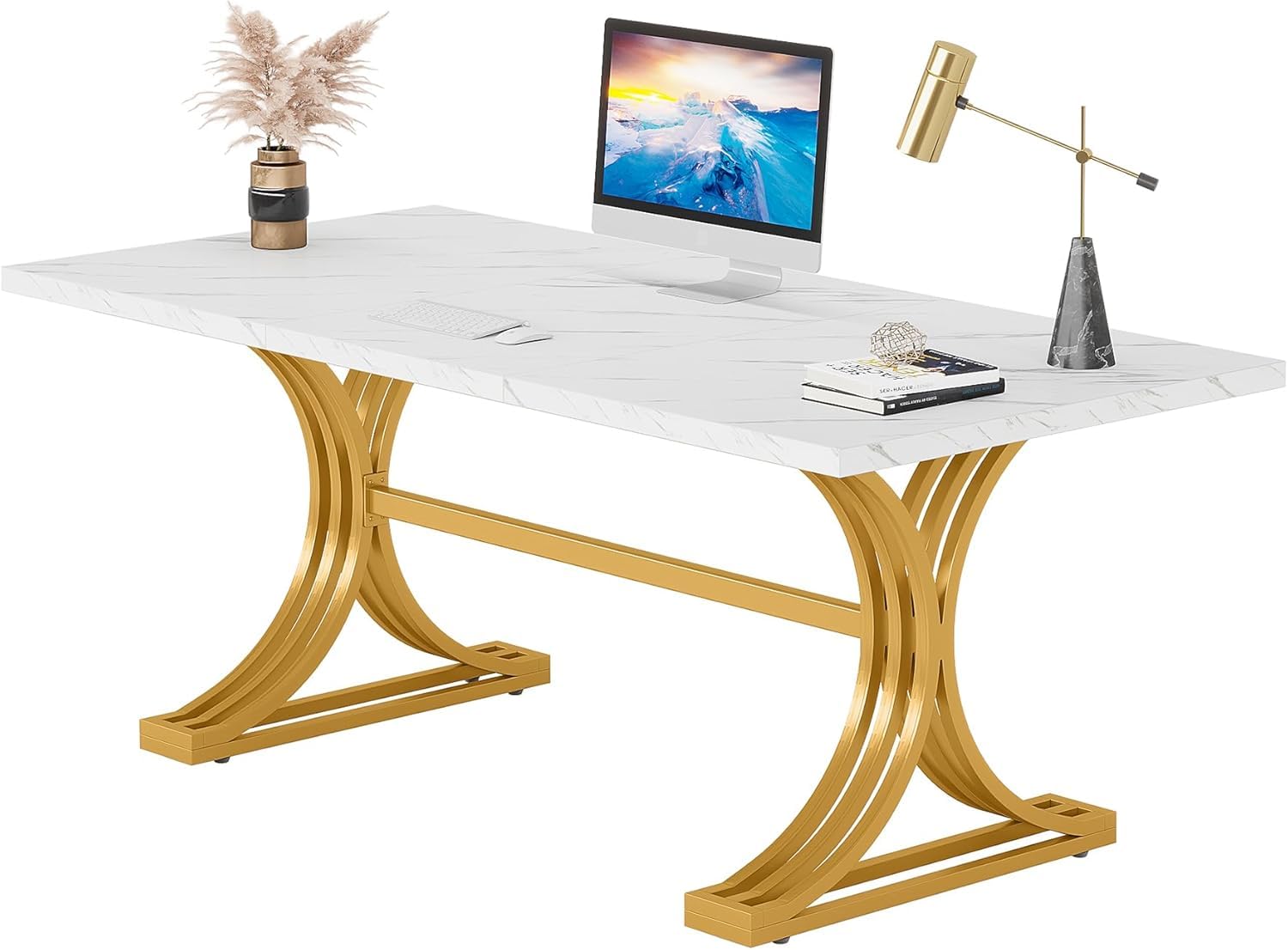 Lailang 160cm Escritorio, Mesa Escritorio Industrial, Mesa Ordenador E Impresora, Escritorio Roble, Mesa Comedor de 160 x 80 x 80 Cm, Mesa Oficina Grande, 160 x 80 x 75 cm, Blanco Y Oro