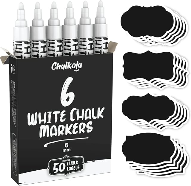 Liquid Chalk Pens - White Dry Erase Chalk Markers for Chalkboard Signs, Windows, Blackboard, Glass - 6mm Reversible Tip (6 Pack) - 50 Chalkboard Labels Included