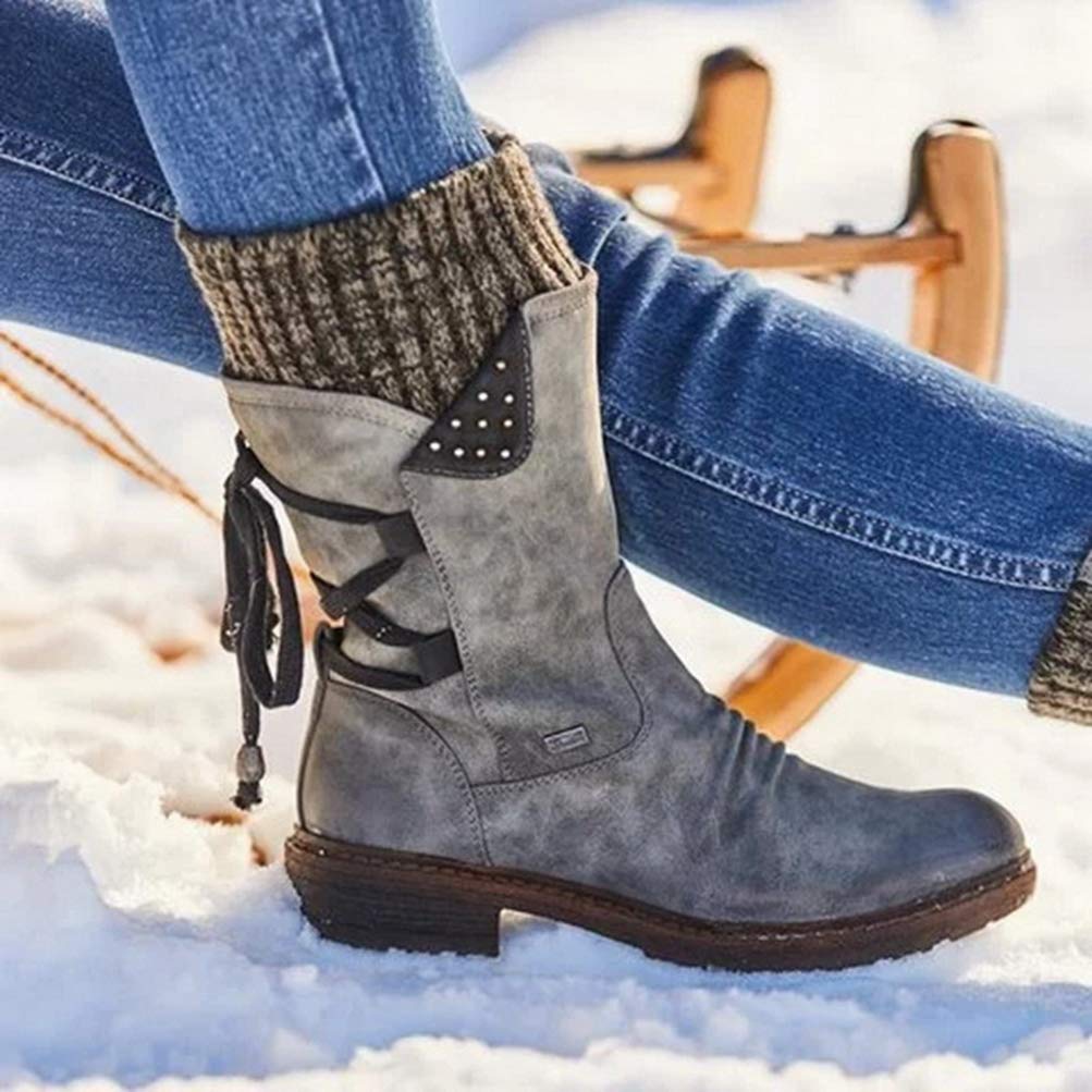 Toride Damen Biker Stiefel Mittlere Wade Niedriger Blockabsatz Seitlicher Reißverschluss Kurzer Plüsch Slip On Herbst Winter Warm Kreuz Gebunden Runde Kappe Schneeschuhe