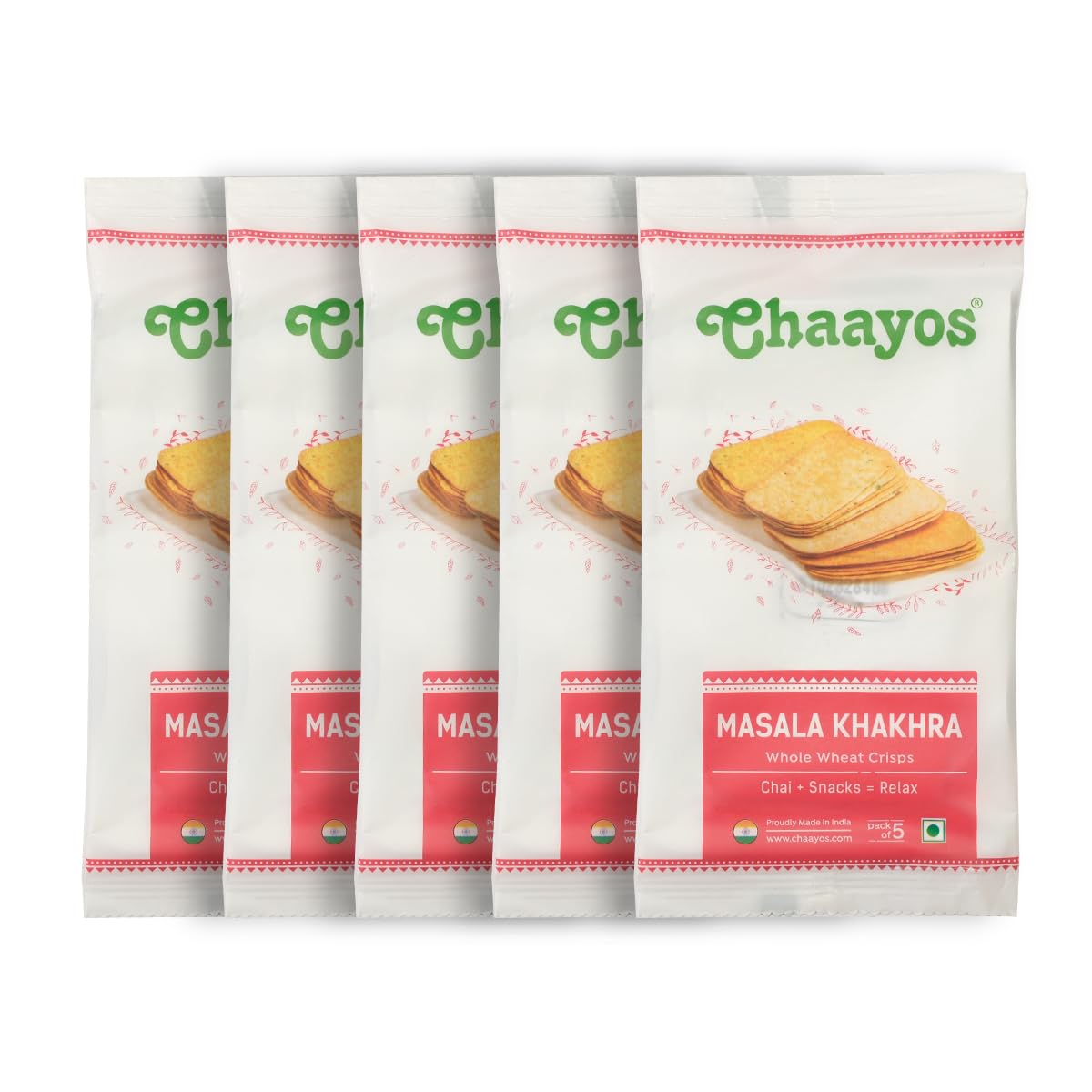 Chaayos Masala Khakhra Whole Wheat Crips, travel friendly Snacks, tea snacks (35 grams x pack of 5)