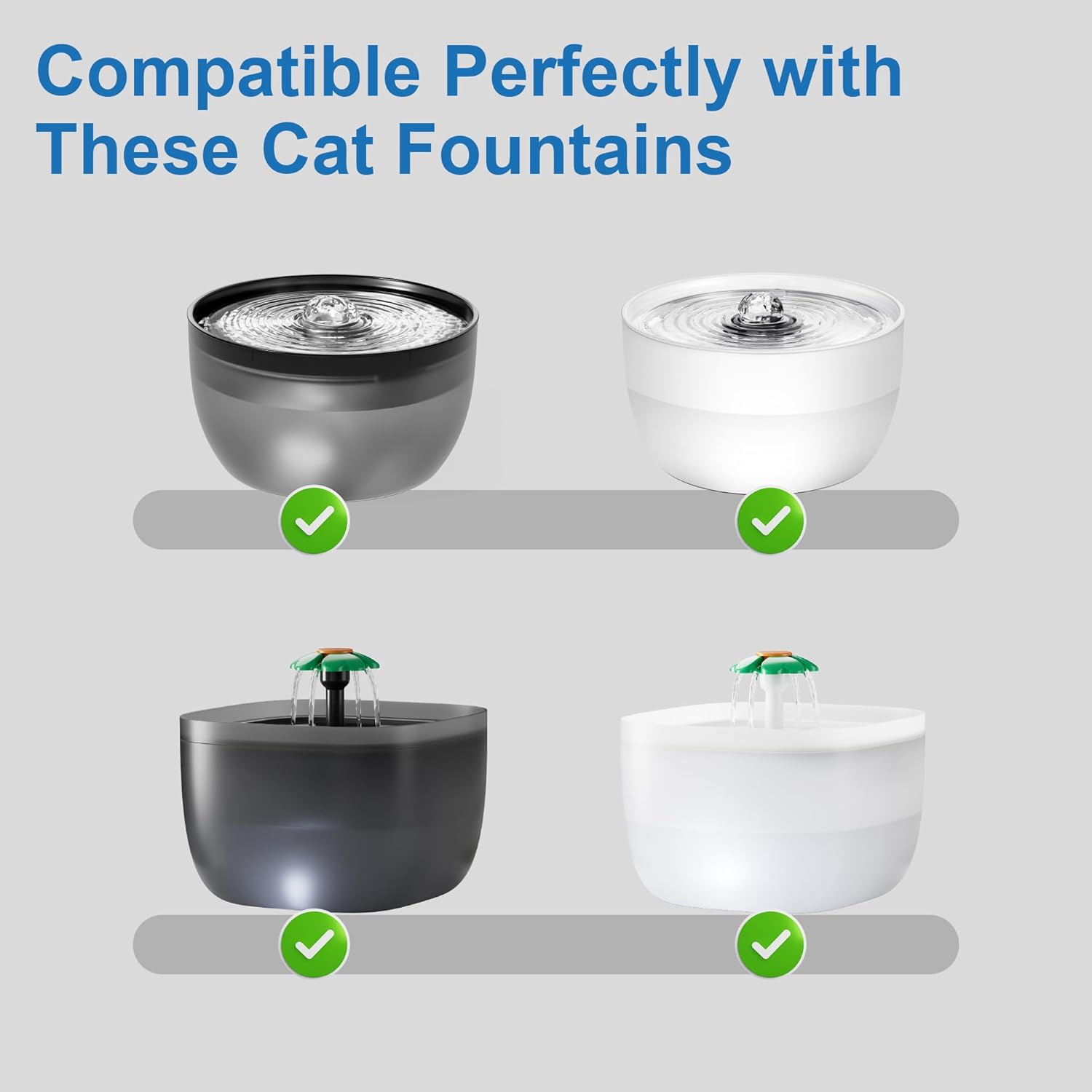 Four different models of Casfuy pet water fountains, all marked as compatible with the filters.