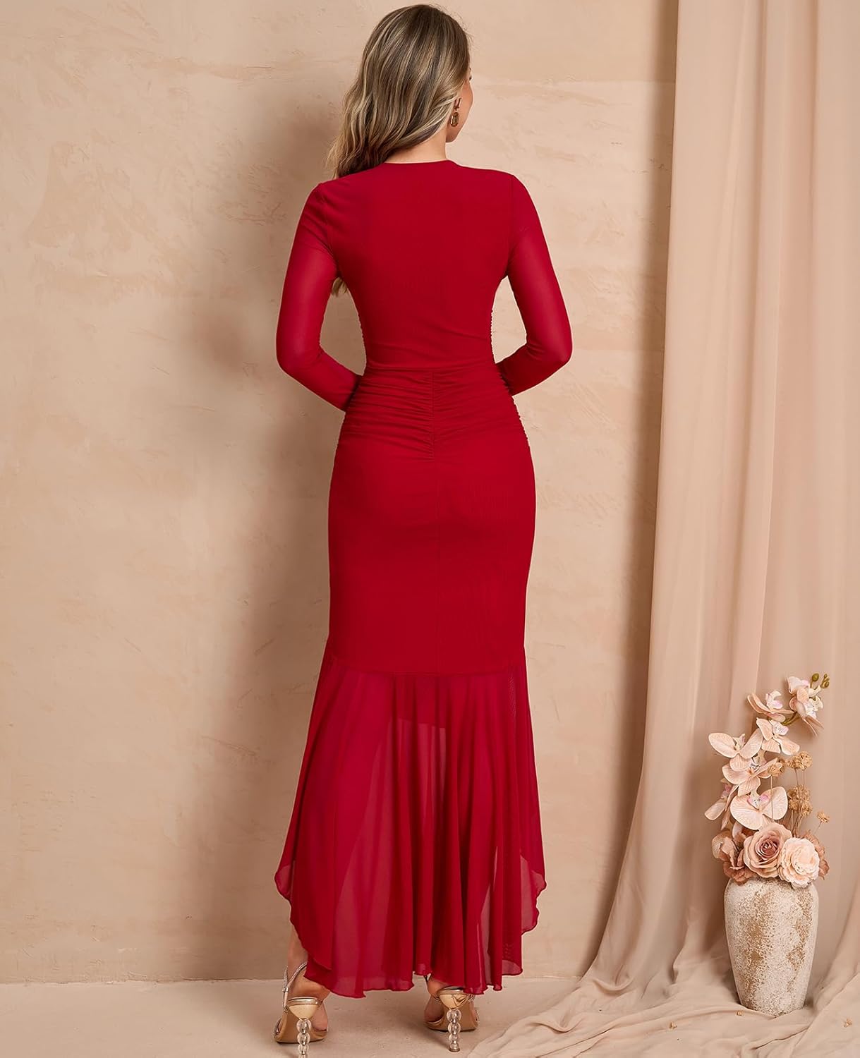 GLNEGE Long Sleeve Fall Wedding Guest Formal Dresses V Neck Ruffles Ruched Cocktail Bodycon Midi Dress for Women - Image 3