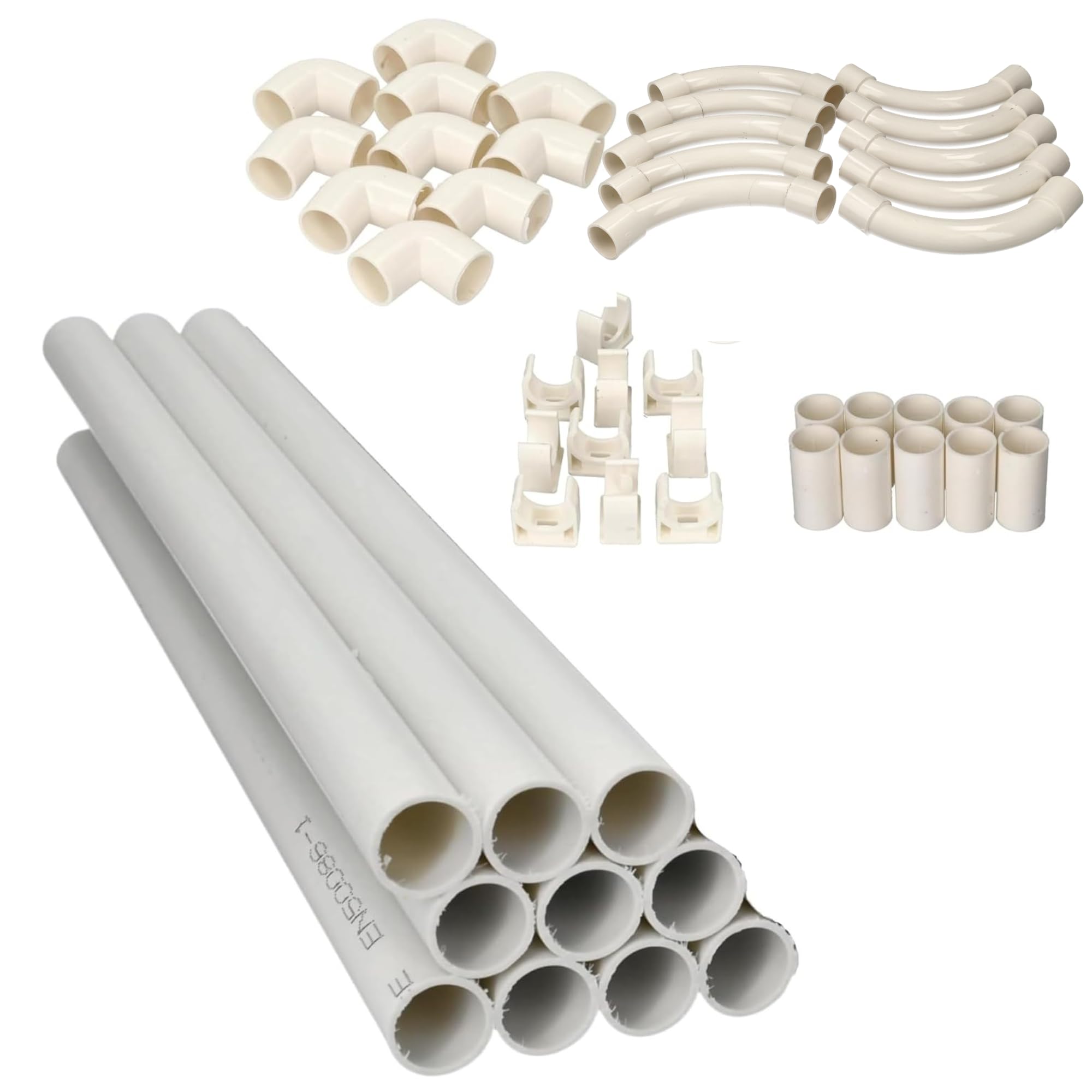 Jandei - Pack 10 uds. Tubo para Cables PVC Rígido Blanco Longitud 1 Metro. Diámetro 20 mm. Funda de Cable con Grapas de Sujección, Codo 90 Grados,Manguitos y Curvas de Empalme.