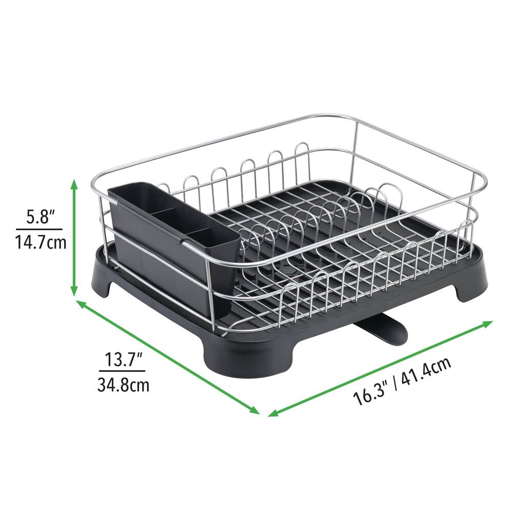 mDesign Égouttoir à Vaisselle en métal avec Plateau d'égouttage en Plastique, Porte-Couverts, égouttoir à Vaisselle et égouttoir pour la Cuisine, argenté/Noir