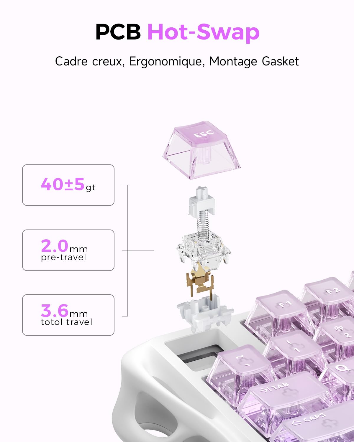 GravaStar Mercury K1 Lite Clavier Mécanique de Jeu avec BT5.0/2.4G /Type-C, 75% Gasket Clavier Gamer RGB Rétroéclairé, Commutateurs Linéaires Pré Lubrifiés, QWERTY (Crystal Aurora)