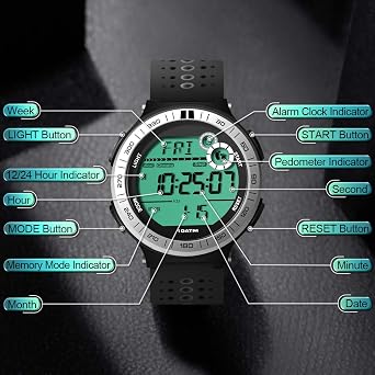 Men Watch Pedometer Underwater Diving Watch 10 ATM Waterproof Lap Stopwatch and Alarm Clock Function, 12/24 Hour Format Can Be Selected