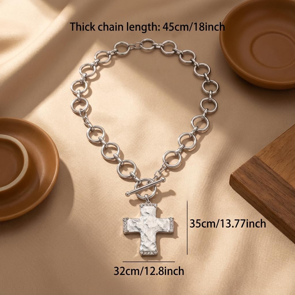 Chunky Cross Necklace for Women 925 Sterling Silver, Chunky Chain Statement Necklace for Daily Wear, Gift