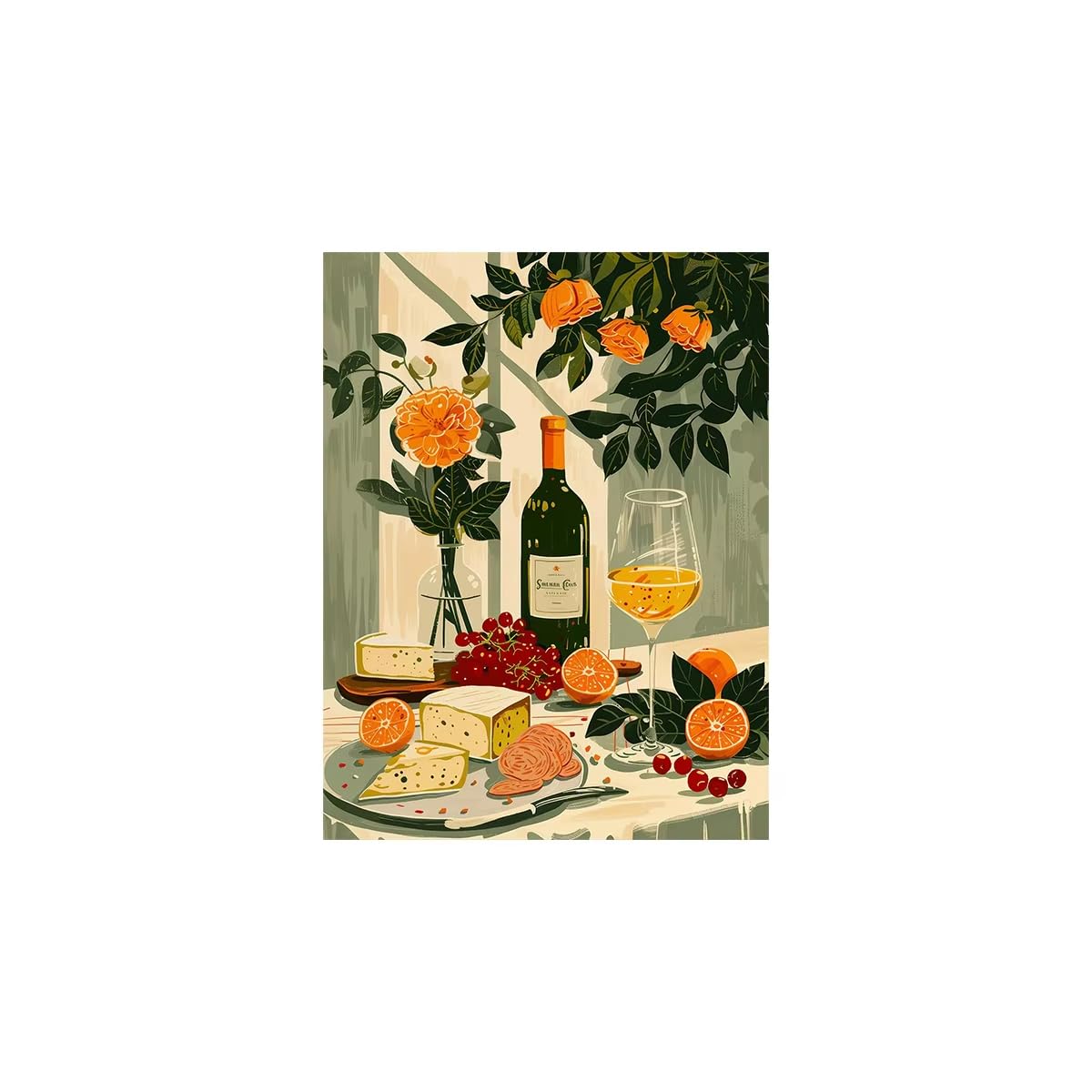 AEFOUU Vintage Dining Table Mediterranean Food Illustration Canvas Print Poster for Living Room Kitchen Home Decor Picture(80x110cm/32x44in/Frameless)
