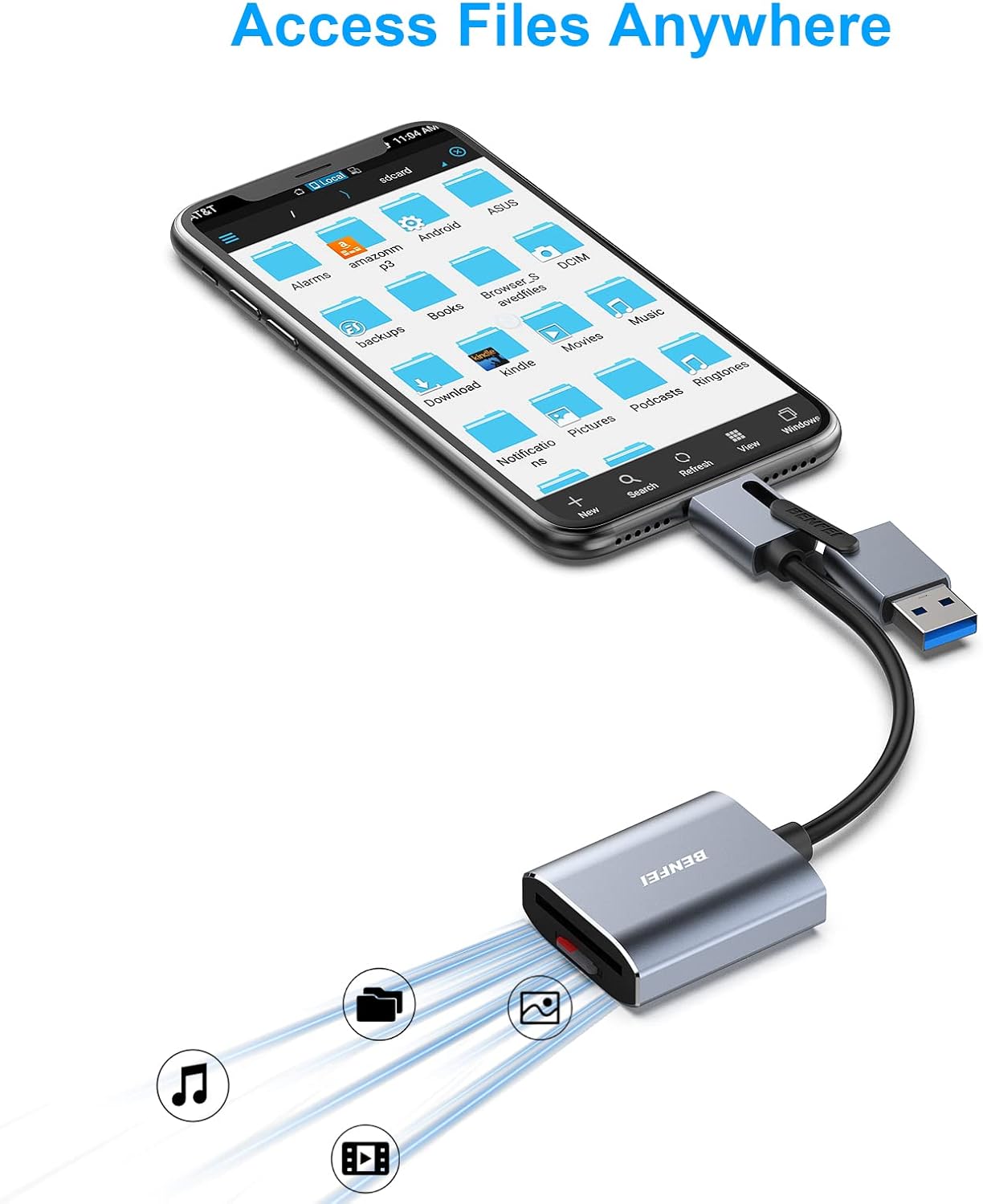 BENFEI Memory Card Reader connected to a smartphone, accessing files