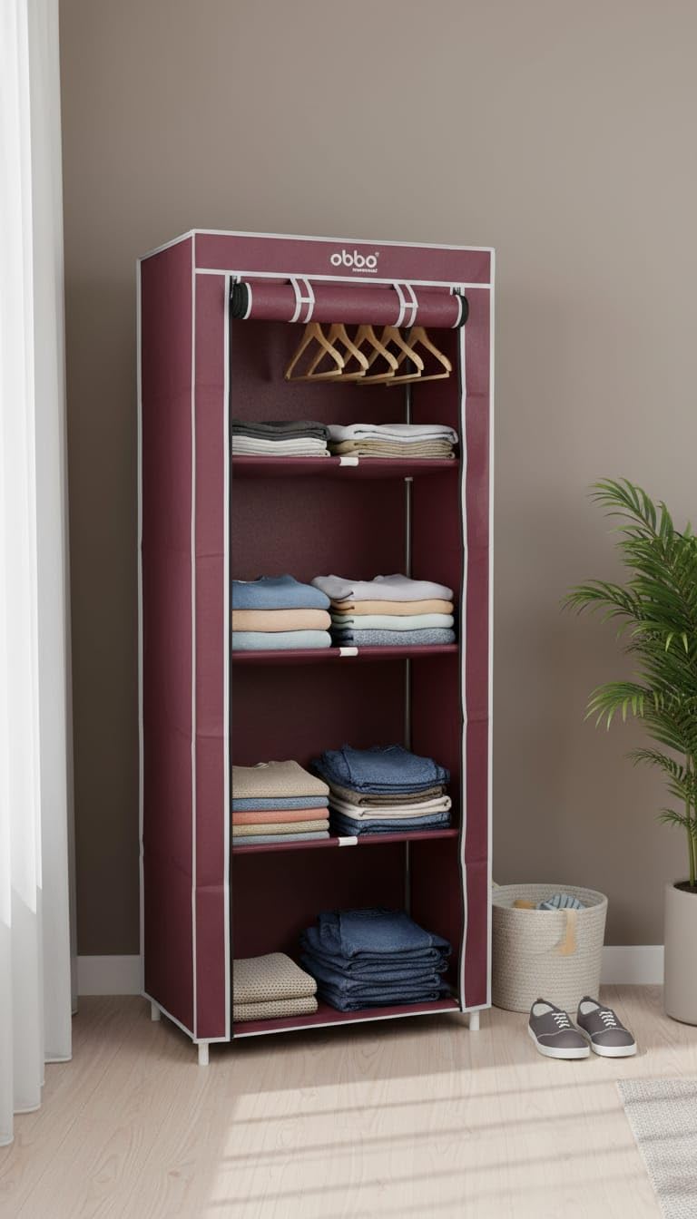 OBBO 4-Layer Single Rack Wardrobe | Portable Foldable Fabric Closet with Steel Frame & Cover | Compact Storage Organizer for Clothes, Toys, Books & Accessories