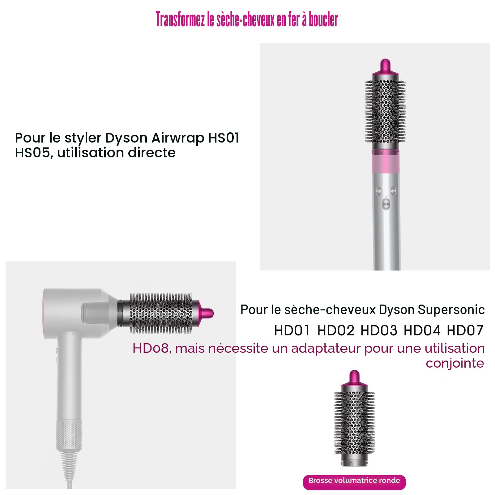 Brosse volumisante ronde pour Dyson Airwrap HS01/HS05, numéro de pièce 969489-01 970750-01 pour cheveux plats et flasques