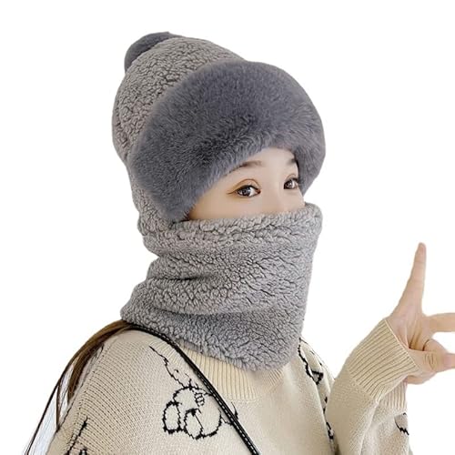 FAFOUR Chapeau écharpe coupe-vent de cyclisme pour femme, bonnet d'hiver en peluche 3 en 1, chapeau siamois à col en peluche coupe-vent (Gris) Cover