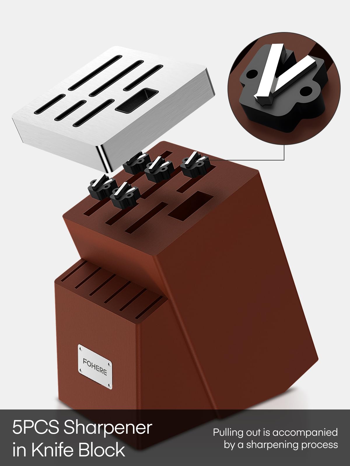 Couteau Cuisine, FOHERE 14 Pièces Bloc de Couteaux avec Affûteur Intégré, Set Couteau Cuisine en Acier Inoxydable, Bloc Brun Rougeâtre en Bois