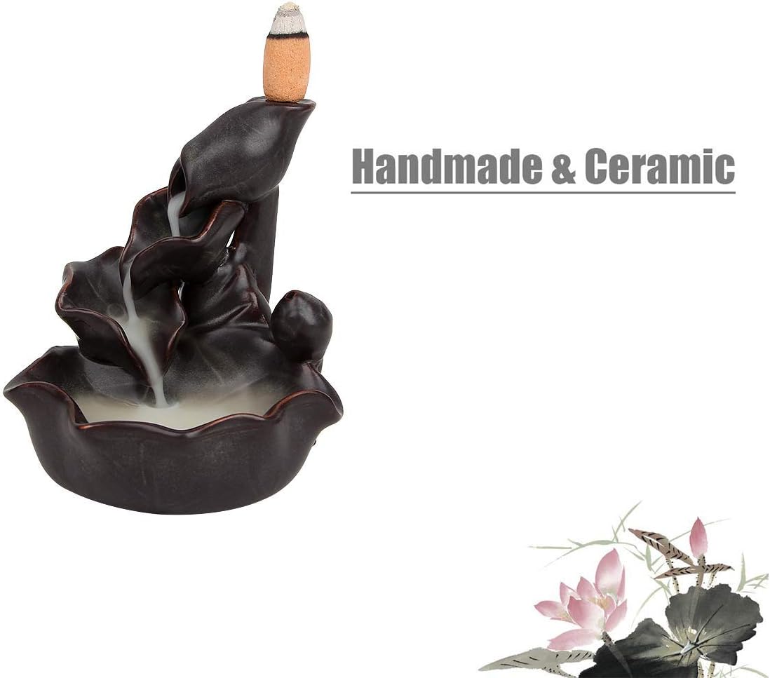 OCIOLI Backflow Incense Burner Incense Waterfall Burner Insencents Holder Backflow Cones Sticks Holder Porcelain Lotus Pond Censer with 10 Cones (Black)