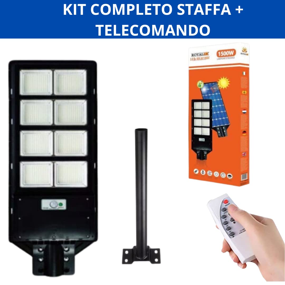 Generico Lampione Solare LED da Esterno 1500W, 6500K Bianco Freddo, Pannello Solare con Sensore di Movimento, Telecomando e Staffa, IP65 Impermeabile per Giardino, Strada e Cortile - DE ROSA SHOP