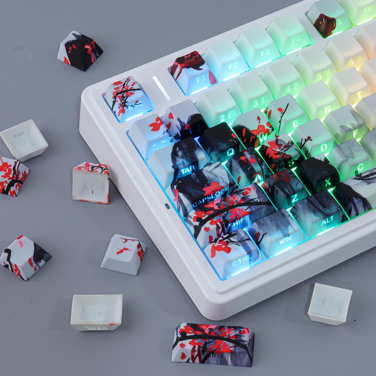 PBT Keycaps 130 klawiszy Double Shot Plum Blossom Keycaps, Shine Through Side Printed Keycaps, Cherry Profile Dye Sublimacja, Custom Keycap for Cherry MX Switch Mechanical Keyboards