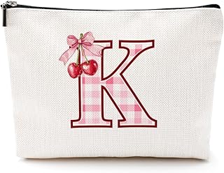 Initial Makeup Bag Monogram Cosmetic Bag Monogrammed Gifts for Women Girls Friends Coworker Bestie Personalized Travel Toiletry Bag Christmas Bridal Shower Wedding Bridesmaid Gifts, Cherry K