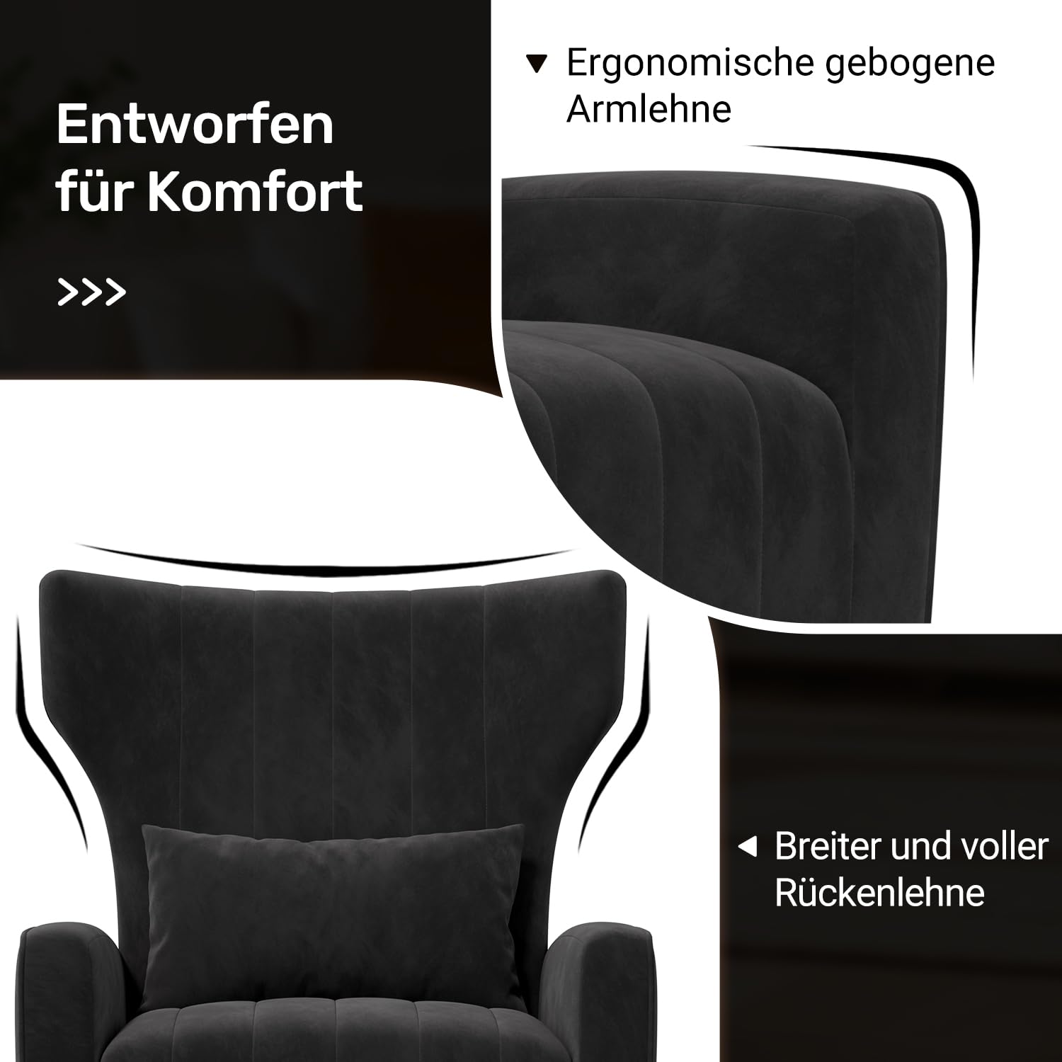 Hawthyhome Relaxsessel/Einzelsofa/Fernsehsessel/Ohrensessel mit Kopfkissen und Gold Metallfüßen aus Samt bis 130kg Schlafzimmer Wohnzimmer Schwarz