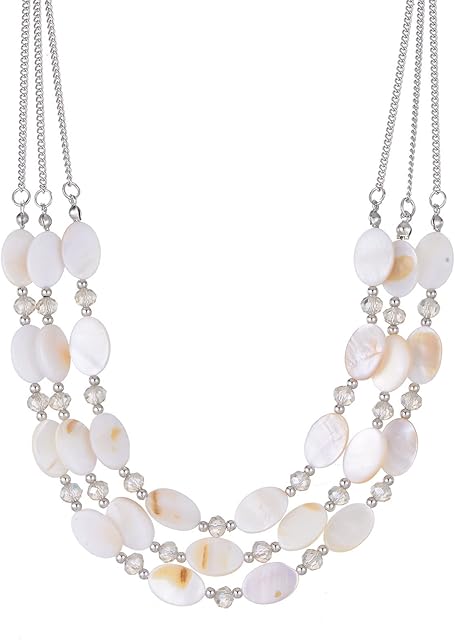 FULU AUTUMN Layered Statement Chunky Necklace for Women Beaded Costume Silver Necklace with Shell Beads Valentines Birthday Gifts for Her