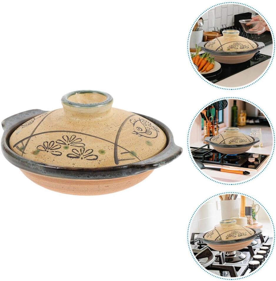Alipis Japanese Ceramic Donabe Pot - 7.99 Inch Traditional Clay Casserole for Soup, Stew, Rice, and Hot Pot Cooking, Brown Ceramic with Pattern for Home Use