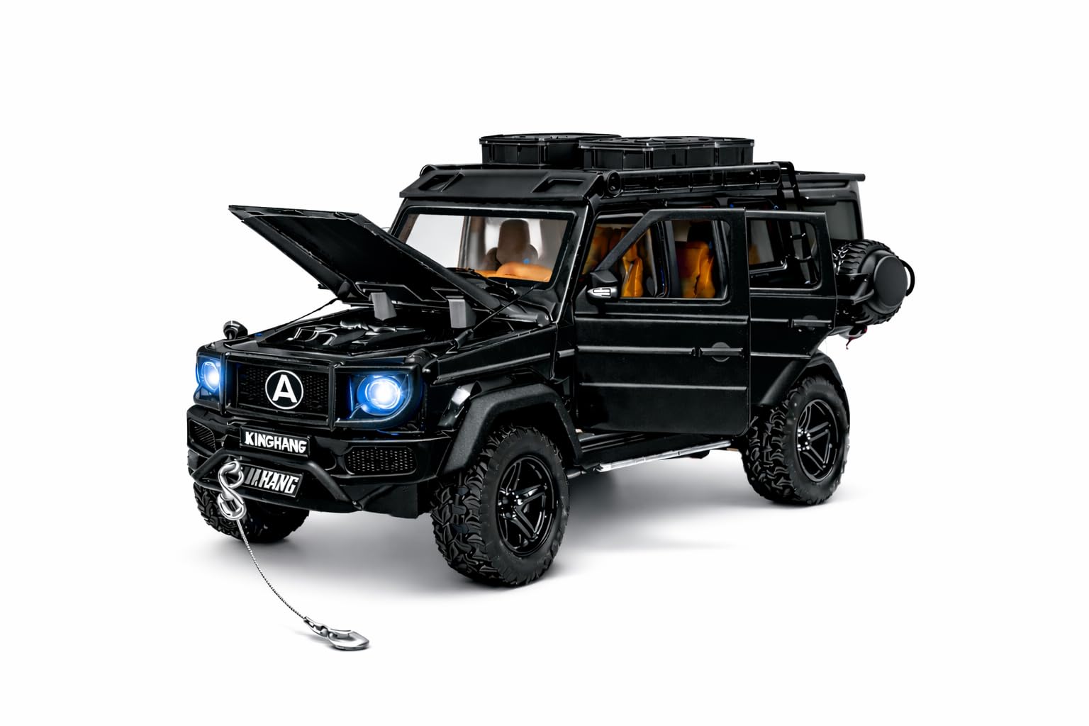 Diecast Metal Toy Car with 4 Openable Doors, Bonnet & Trunk Headlights & Back Engine & Racing Sound Effects Tow Cable with Hook Roof Carrier & Ladder Adventure Car for Kids (Black)