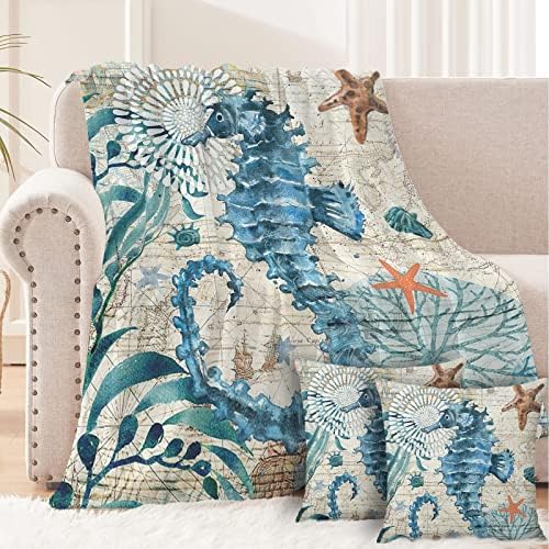 Sea Horse Throw Blankets Summer Bed Blanket Soft Sofa Sea Nautical Theme Decor Gift Blanket 50x60 Inch with 2 Pillowcase for Sea Horse Lovers Animal Lovers, 50 inches x60 inches